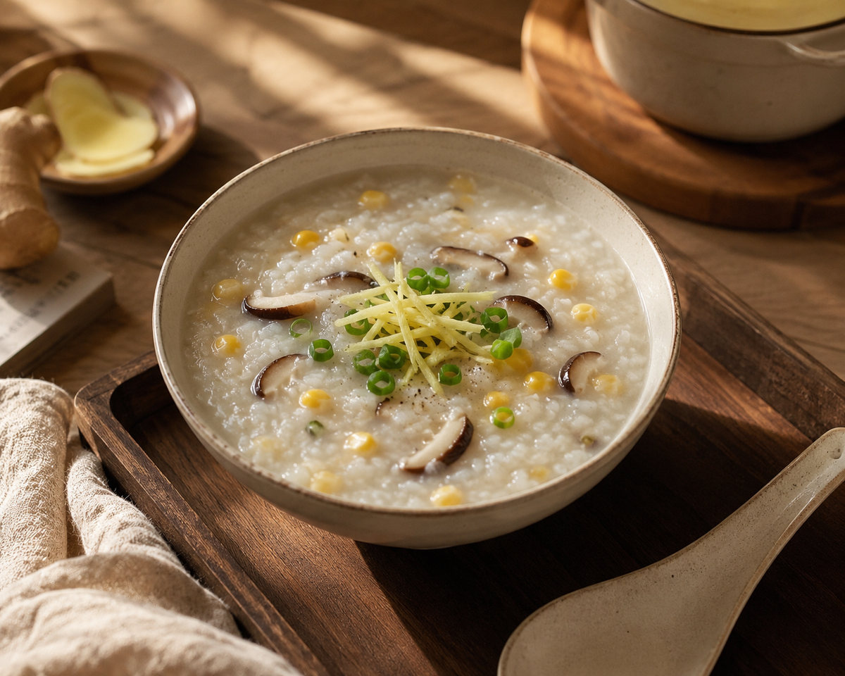 粥 — Ginger, Shiitake & Sweet Corn Rice Porridge