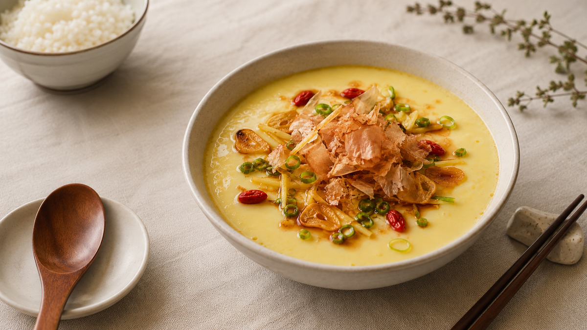 蒸水蛋 — Steamed Egg with Goji, Crisp Ginger & Bonito Flakes